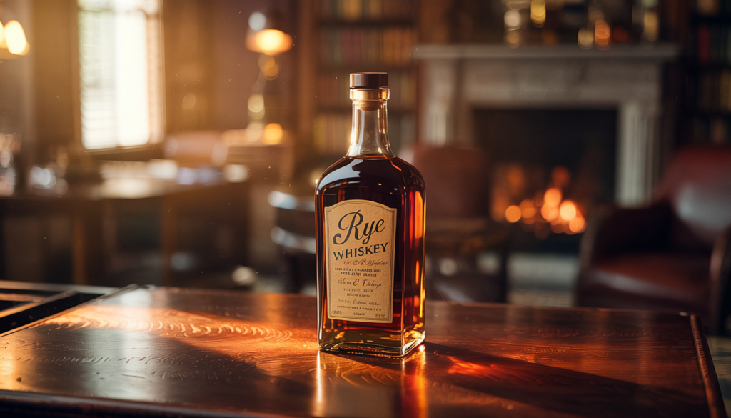 A bottle of rye whiskey on a polished wooden table in a cozy, warmly lit room with a fireplace in the background.